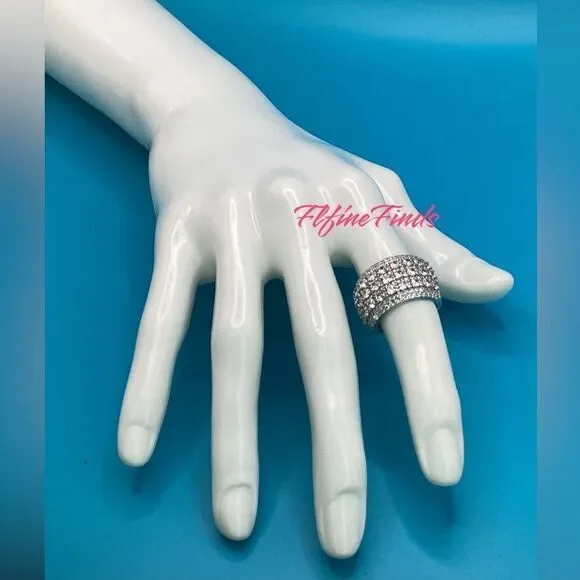 🧊💍Wide Luxurious Silver CZ Diamond 5-Row Sparkle Band Statement Cocktail Ring - Picture 6 of 17